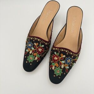 Vintage Madeline Black Floral Embroidered Mules Size 8 1/2 M